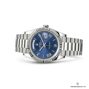 Side profile of Day-Date 228238 with smooth bezel on a white gold-plated case