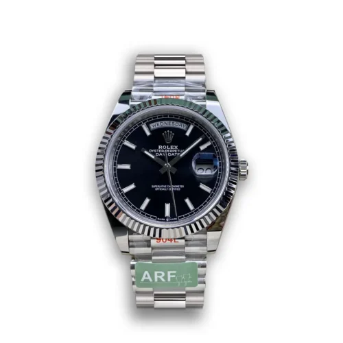 Replica Rolex Day-Date m228238 Bright Black Dial Platinum Front - Best shop to buy a Fake Rolex
