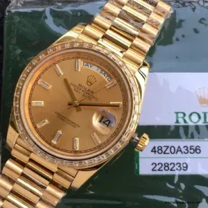 Day-Date 228238 side profile showing yellow gold-plated case and President bracelet