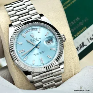 Wrist shot of Day-Date m228238 ice blue under natural lighting