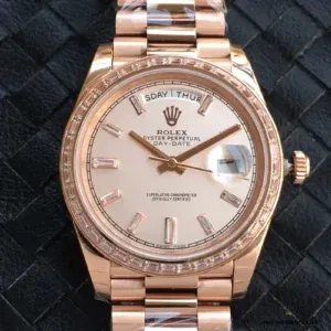 Day-Date 228238 rose gold side profile with diamond bezel
