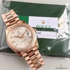 Day-Date 228238 side profile showing diamond bezel and rose gold case