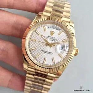 Day-Date 228238 side profile showing smooth bezel and yellow gold-plated case