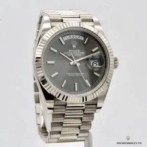 Day-Date m228238 side profile showing white gold-plated case and smooth bezel