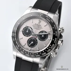 Tachymeter bezel engraving and chronograph pushers detail