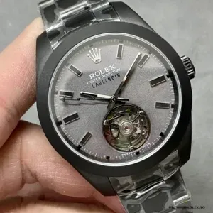 Close-up of exposed tourbillon cage rotating at six o'clock