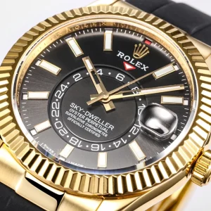 Full view of the Sky-Dweller 336238 showing gold-plated case against black rubber strap