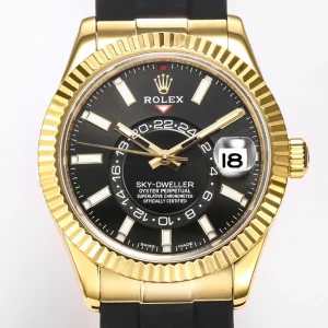 Sky-Dweller 336238 with black dial, gold-plated case and black rubber strap on a white background