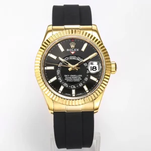 Crown and case side of the Sky-Dweller 336238 in polished yellow gold
