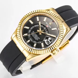 Wrist shot of the Rolex Sky-Dweller 336238 black dial on Oysterflex