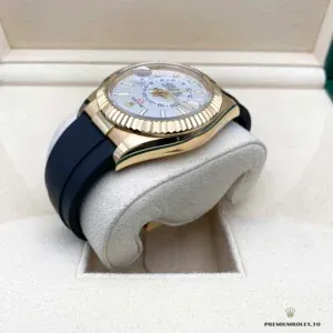 Side profile of the Sky-Dweller 336238 showing fluted bezel and crown