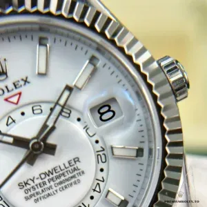 Macro of a white Sky-Dweller 336239 dial: off-centre 24-hour disc, date window and fluted bezel