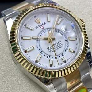 Close-up of intense white dial with gold markers and month aperture ring