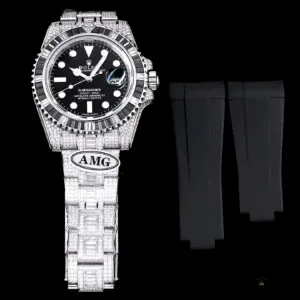 Wrist shot of Submariner Iced Out under direct lighting