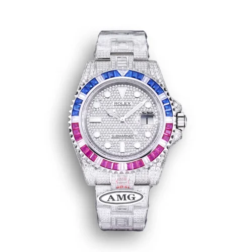 Replica Rolex Submariner Iced Out 116610LN 40mm Blue-Pink Bezel front - Best shop to buy a Fake Rolex