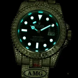 Wrist shot of Submariner diamond bezel under ambient lighting