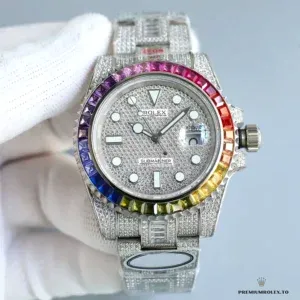 Rainbow bezel close-up showing gradient sapphire spectrum from red to violet