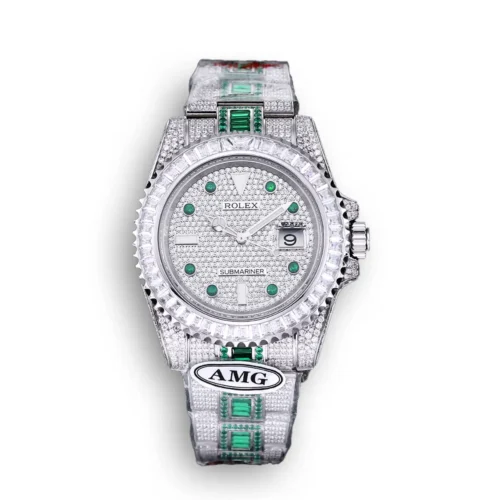 Replica Rolex Submariner Iced Out 116610LN 40mm White Bezel Green Markers front - Best shop to buy a Fake Rolex