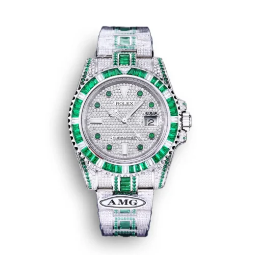 Replica Rolex Submariner Iced Out 116610LN Green-White Bezel front - Best shop to buy a Fake Rolex