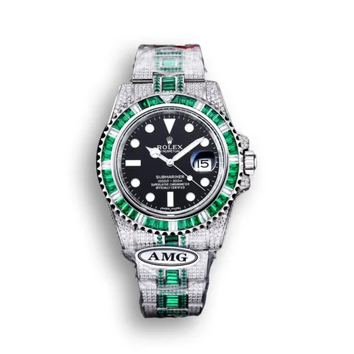 Replica Rolex Submariner Iced Out 116610LV 40mm Black Dial Green Bezel Front - Best shop to buy a Fake Rolex