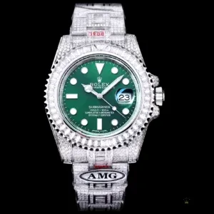 Side profile of iced Submariner showing 41mm case thickness and lugs