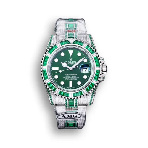 Replica Rolex Submariner Iced Out 116610LV 40mm Green Diamond Bezel Front - Best shop to buy a Fake Rolex