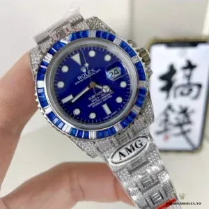 Blue Cerachrom bezel detail with platinum-filled dive scale numerals