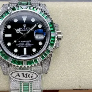 Diamond-set bezel and case detail on iced Submariner