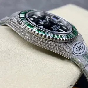 Caseback of iced out Submariner 126610LV in Oystersteel