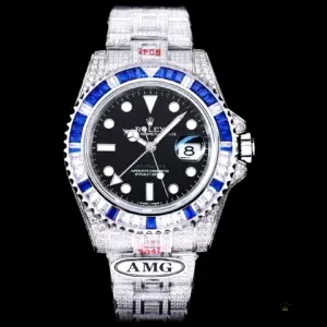 Black and blue ceramic bezel insert with diamond surround