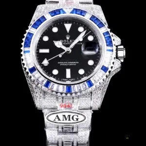 Diamond-set case flank and lug detail on iced GMT-Master