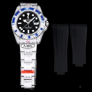 Black dial with green GMT hand and luminous markers