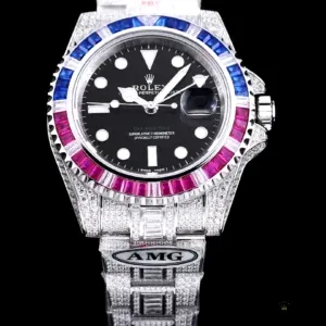 Diamond-set case and lug detail on iced out Pepsi GMT