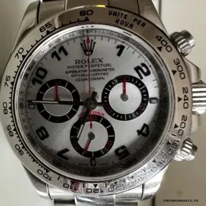 Close-up of silver dial subdials and applied hour markers