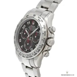 Black chronograph dial showing three subdials at 3, 6, 9