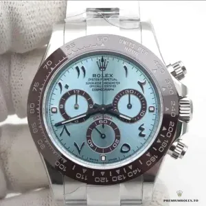 Close-up of ice blue Arabic dial with recessed chronograph subdials