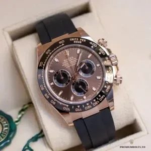 Side profile of rose gold Daytona 116515 chocolate on rubber strap