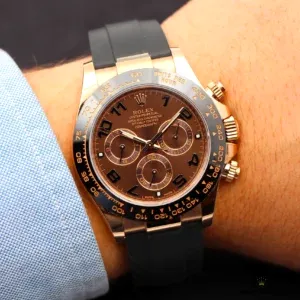 Close-up of coffee brown dial subdials with rose gold markers
