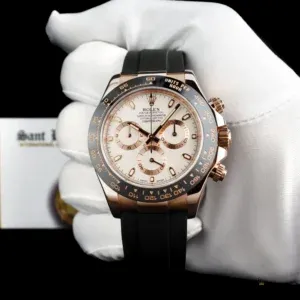 Close-up of white chronograph dial with rose gold applied markers