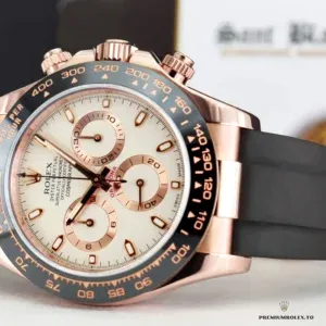 Side profile of rose gold Daytona 116515 white dial on rubber bracelet
