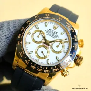 Daytona 116515 yellow gold-plated case side profile showing Oysterflex band