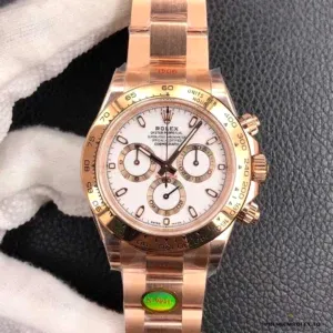 Daytona m116505 side profile showing rose gold-plated pushers and crown