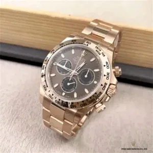 Close-up of chocolate dial subdials with rose gold applied markers