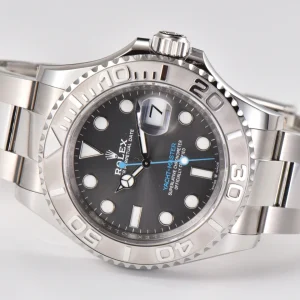 Rhodium dial close-up showing rectangular lume markers