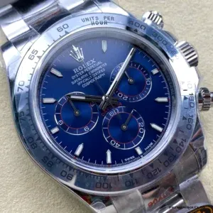 Close-up of bright blue dial with recessed silver chronograph subdials