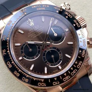 Close-up of chocolate dial subdials with Everose gold accents