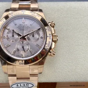 Rolex Daytona 116505 rose gold under angled light showing sunburst finish