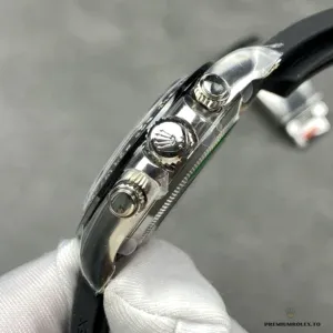 Close-up of silver dial with three chronograph subdials on the 116519LN
