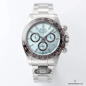 Running seconds subdial at six o'clock on the ice blue Daytona dial