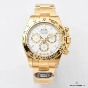 Side profile of the 126508 showing engraved tachymeter bezel in yellow gold plating
